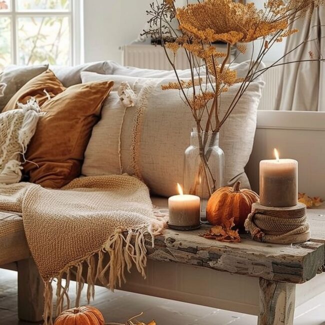 décor automnal dans salon avec plaids, coussins, bougies, citrouilles et fleurs séchées