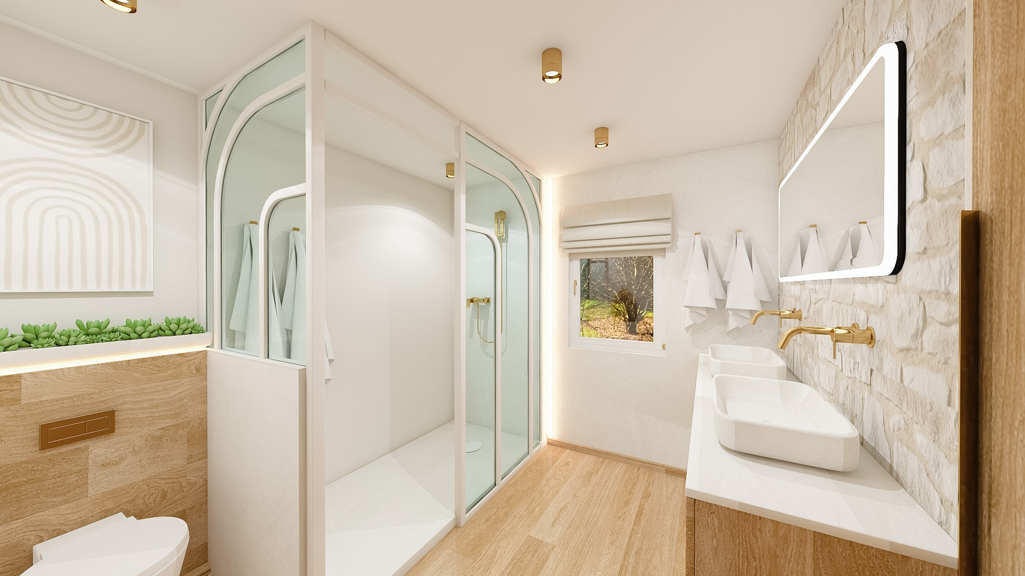 Salle de bain chaleureuse, teinte claire et lumineuse, béton ciré, verrière, mur en pierre