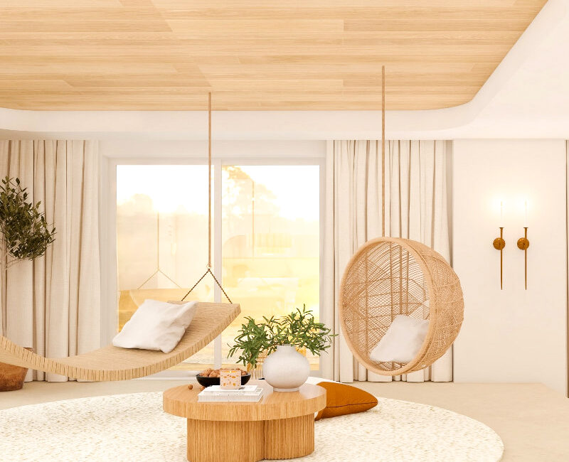 hamac et fauteuil suspendu dans maison bois au plafond