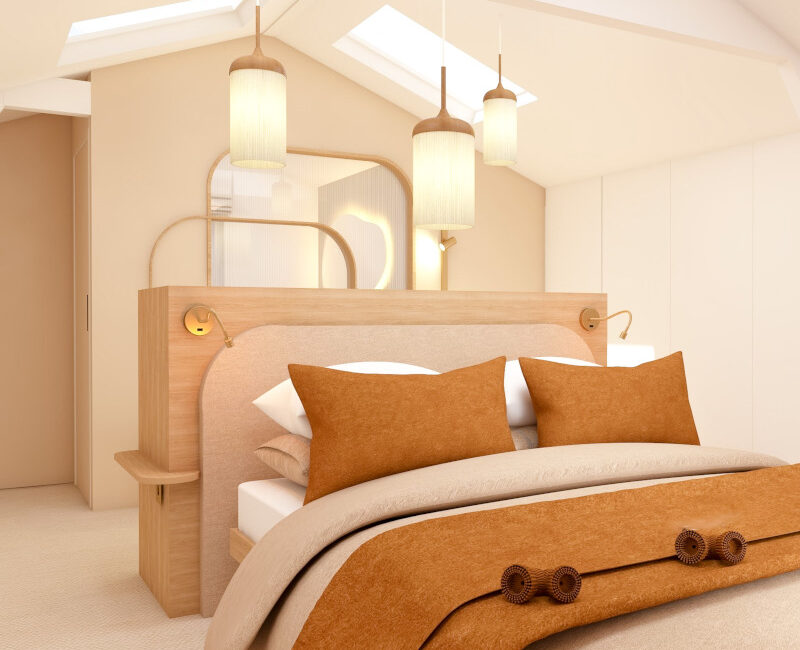 chambre lit tete de lit bois meuble suspension lin bois verriere bois arrondu courbée couleur nude blanc