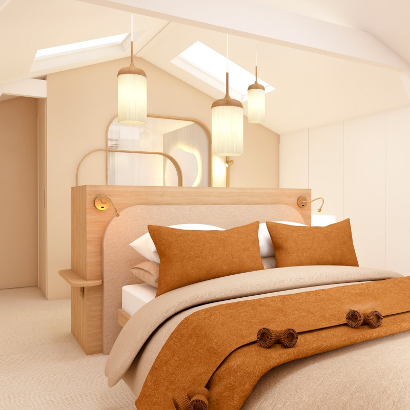chambre lit tete de lit bois meuble suspension lin bois verriere bois arrondu courbée couleur nude blanc