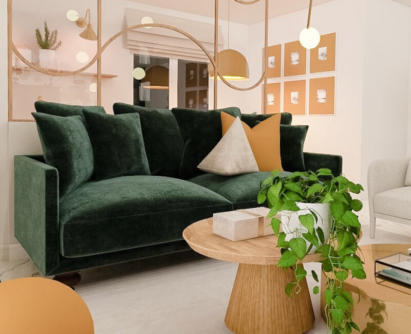 aménagement et décoration d'un séjour coloré, canapé vert, coussin boule moutarde et verrière