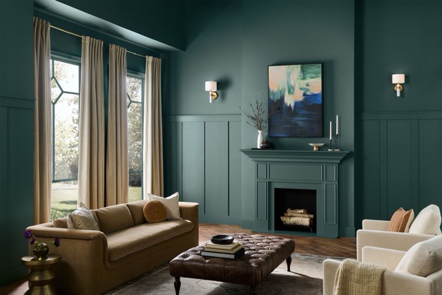 salon tendance couleurs 2026 avec murs couleur jade profond bleu vert