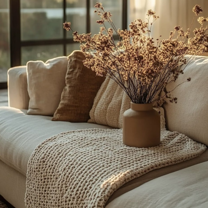 tendances déco automne canapé en lin avec coussins, plaid et fleurs séchées