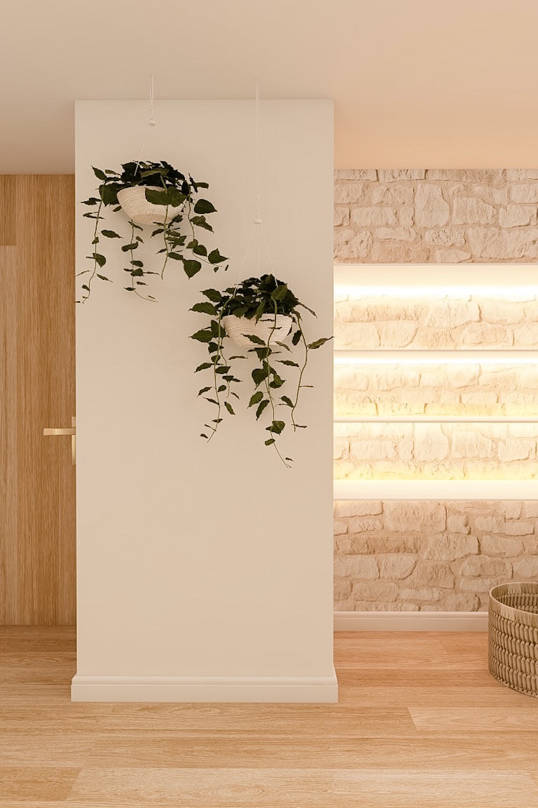 Décoration bureau avec mur en pierre, étagères, bande led, plante suspendue et porte en bois toute hauteur